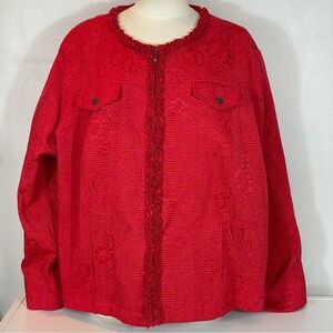Ruby Rd. Woman Sz 24W Red Textured Floral Ruffle Accent Zip Front Jacket